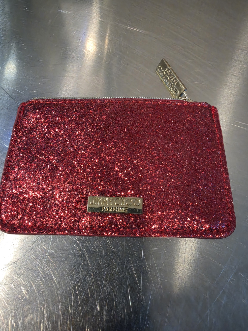 NWT Jimmy Choo Parfums Red Glitter Mini Zip Coin Purse Pouch Wallet